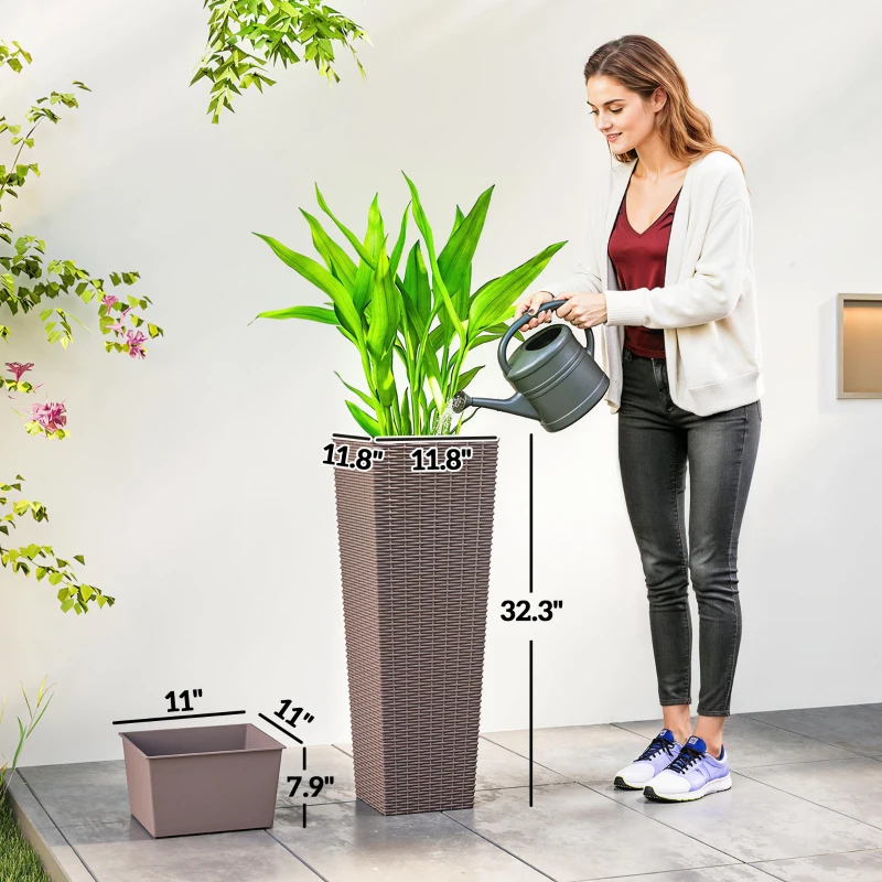 Outsunny 32 Inch Tall Planters for Outdoor Plants, Set of 2 Plastic Flower Pots with Drainage Holes, Brown