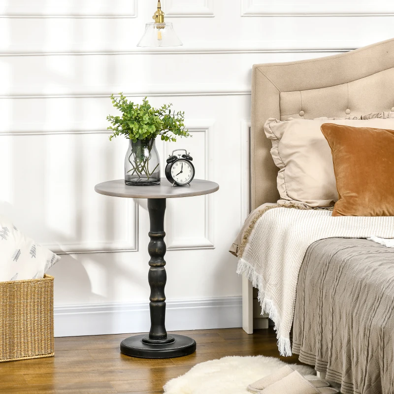 HOMCOM End Table, Round Side Table with Tabletop, Rustic with Solid Wood Leg for Living Room, Bedroom, Light Gray and Black