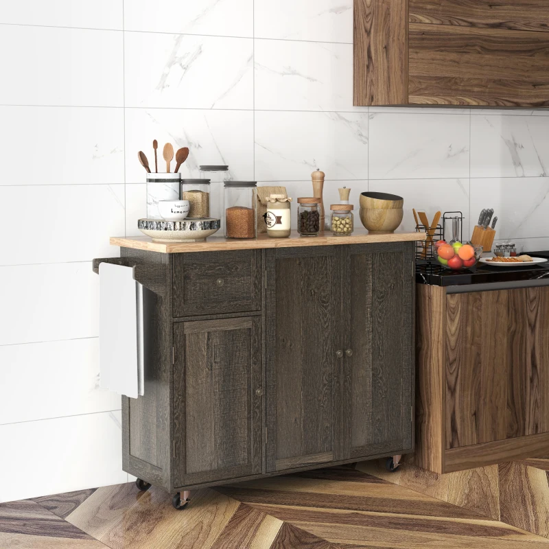 HOMCOM Triple-Cabinet Rolling Kitchen Island on Wheels, Kitchen Cart with Storage Shelf Adjustment, Rolling Utility Cart