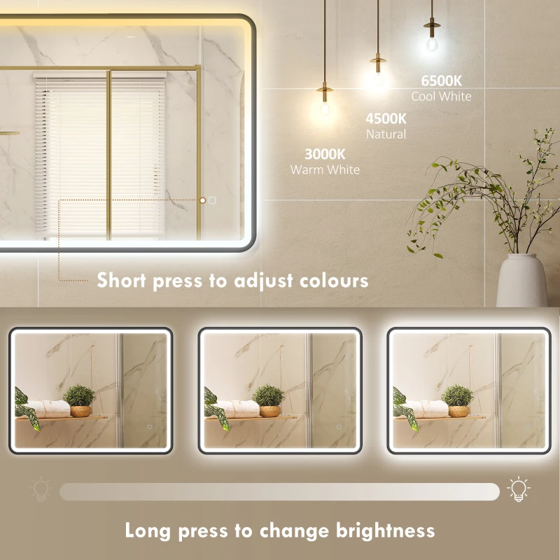 HOMCOM 36" x 28" Bath Mirror with LED Lights, Wall Mounted Restroom Mirror, 3 Colours, Dimmable, Horizontal/Vertical, Black