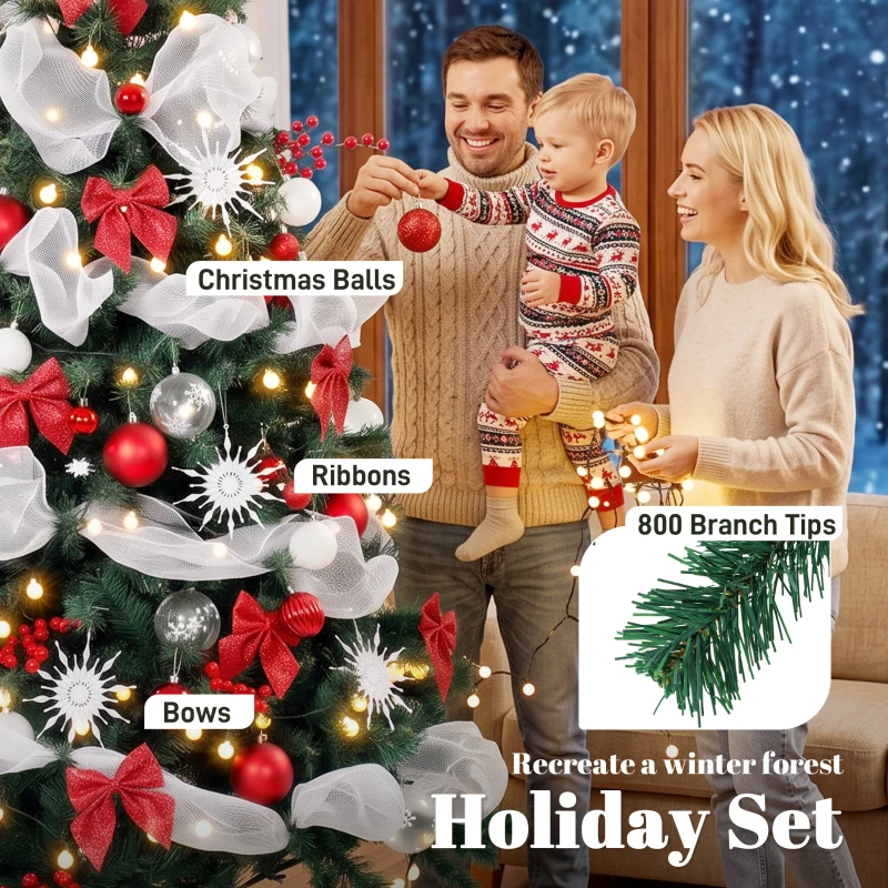 HOMCOM 6ft Prelit Christmas Tree Spruce, Remote, Hinged, Artificial Xmas Tree with 8 Modes, 800 Tips, 200 LEDs, Green Red