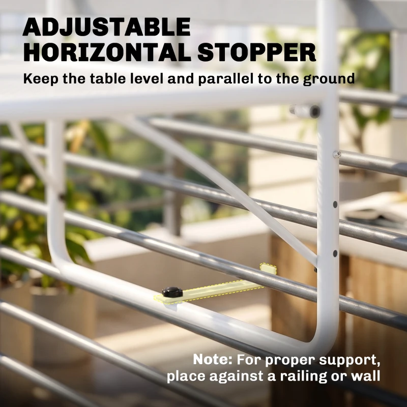Outsunny Adjustable Balcony Hanging Railing Table, Metal Mounting Mini Wall Desk Storage Rack, Outdoor Flower Stand Serving Table Rectangle, White