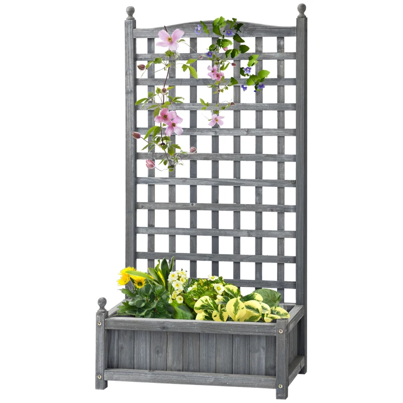 Outsunny Raised Garden Bed with Trellis for Climbing Vines, 25.2" x 11" x 47.2" Wood Planter Box for Garden, Free Standing Flower Bed, Indoor Outdoor Display Rack, Grey