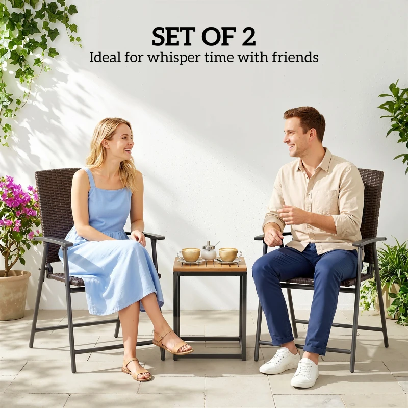 Outsunny Outdoor Wicker Dining Chair Set of 2, 2 Pieces Rattan Foldable Chair with Steel Frame for Garden, Backyard, Porch, Brown