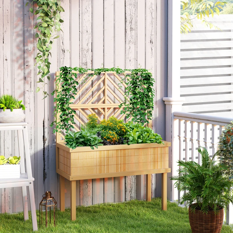 Outsunny Elevated Wood Planter with Trellis for Climbing Plants, Raised Garden Bed with Legs and Drainage Holes, Natural Wood
