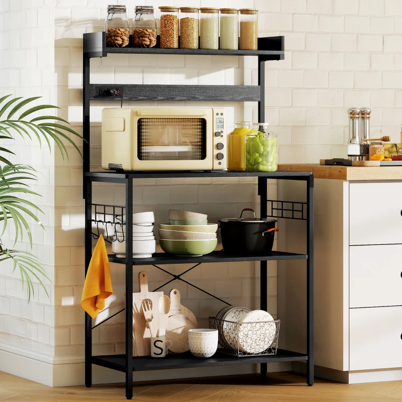 HOMCOM Kitchen Baker's Rack with Power Outlet, Coffee Bar Station with Adjustable Shelves and Hooks, Distressed Black