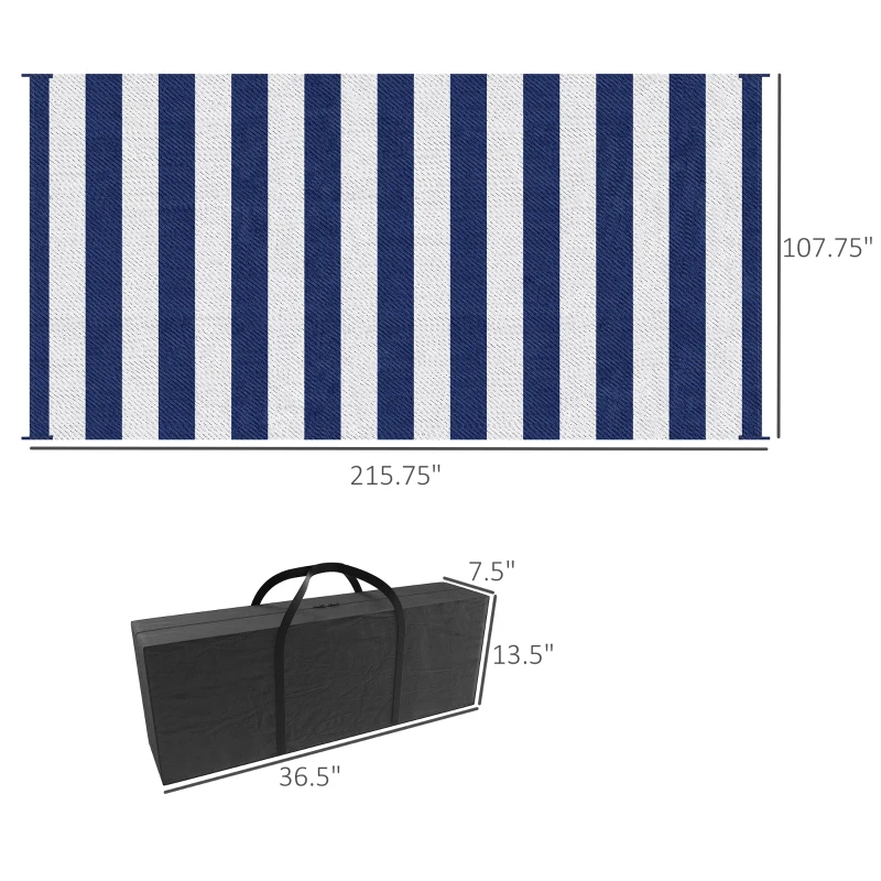 Outsunny Reversible Outdoor Rug, 9' x 18' Waterproof Plastic Straw Floor Mat, Portable RV Camping Carpet, Large Floor Mat for Backyard, Deck, Picnic, Beach, Blue & White Striped