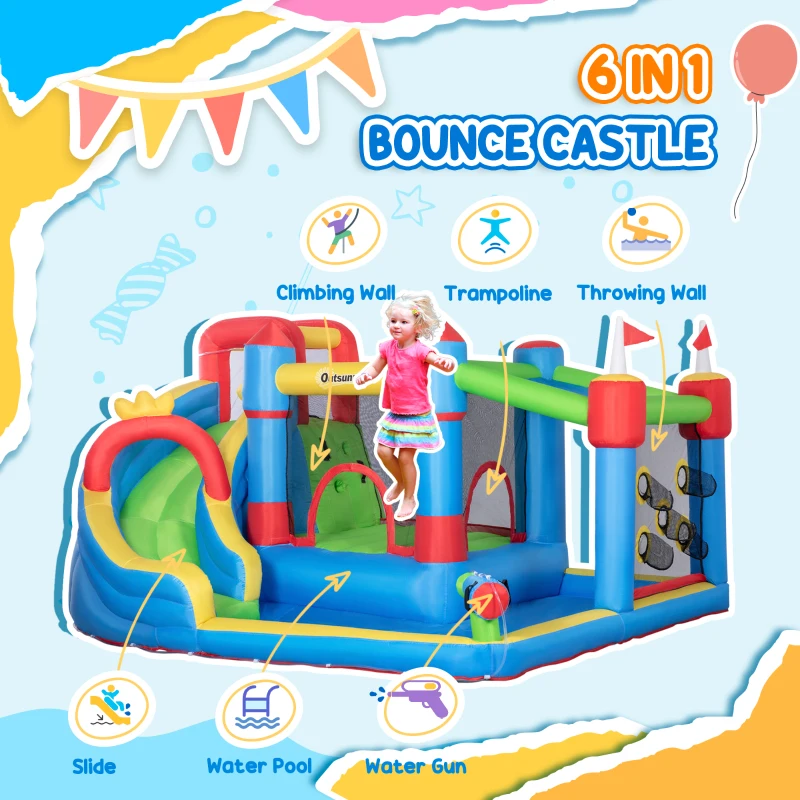 Outsunny 6-in-1 Inflatable Water Slide with Splash Pool, Slide, Climbing Wall, Water Cannon, Inflatable Bounce House for Kids with 2 Min. Inflation and Air Blower