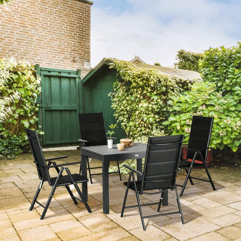 Outsunny 7 Piece Patio Dining Set for 6, Outdoor Aluminum Frame Dining Furniture Set with Expandable Table, Folding & Reclining Chairs with Mesh Fabric Seats, Black