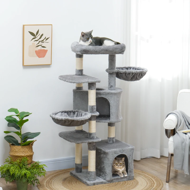 PawHut 52.5" Cat Tree Tower with Scratching Posts, Cat Condos, Bed, Platforms, Hammocks, for Indoor Cats, Grey