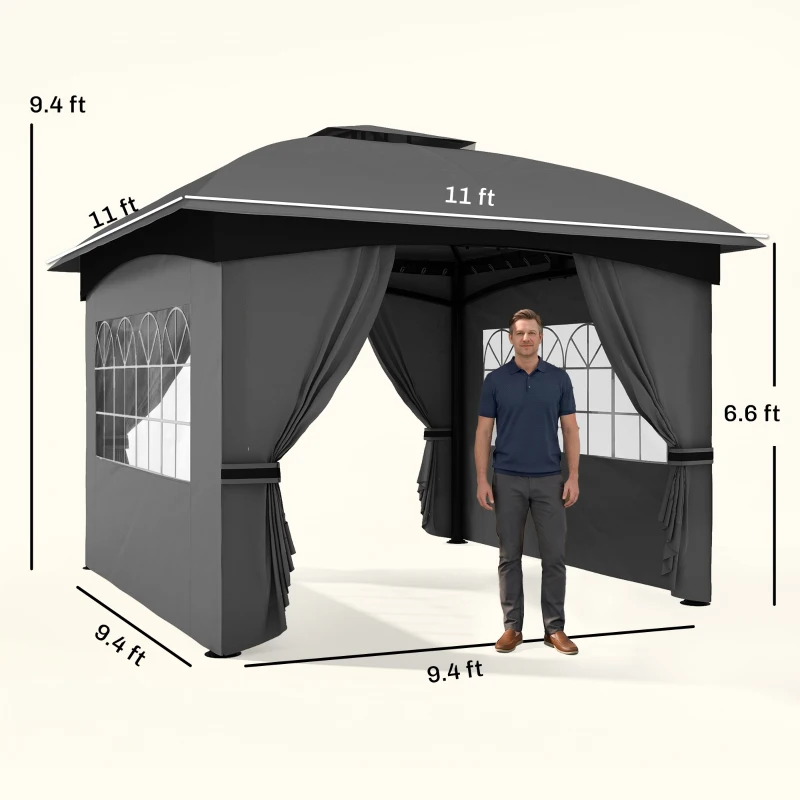 Outsunny 11' x 11' Outdoor Gazebo, Double Roof Patio Gazebo with Curtains, Church Windows, Galvanized Steel Frame, Dark Gray