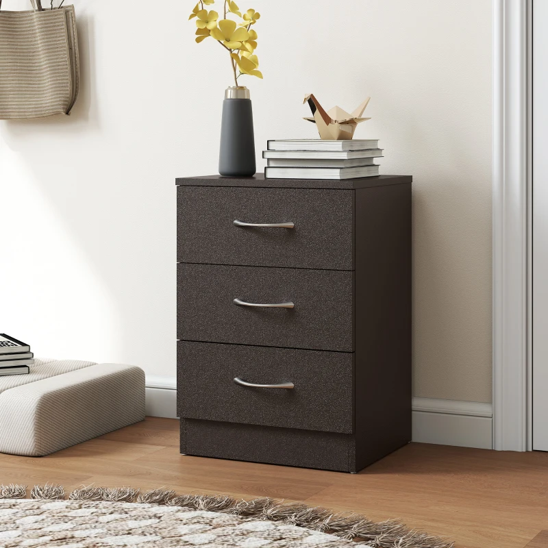 HOMCOM Bedside Table, Modern Night Stand with 3 Drawers and Metal Rail for Bedroom, Dark Brown