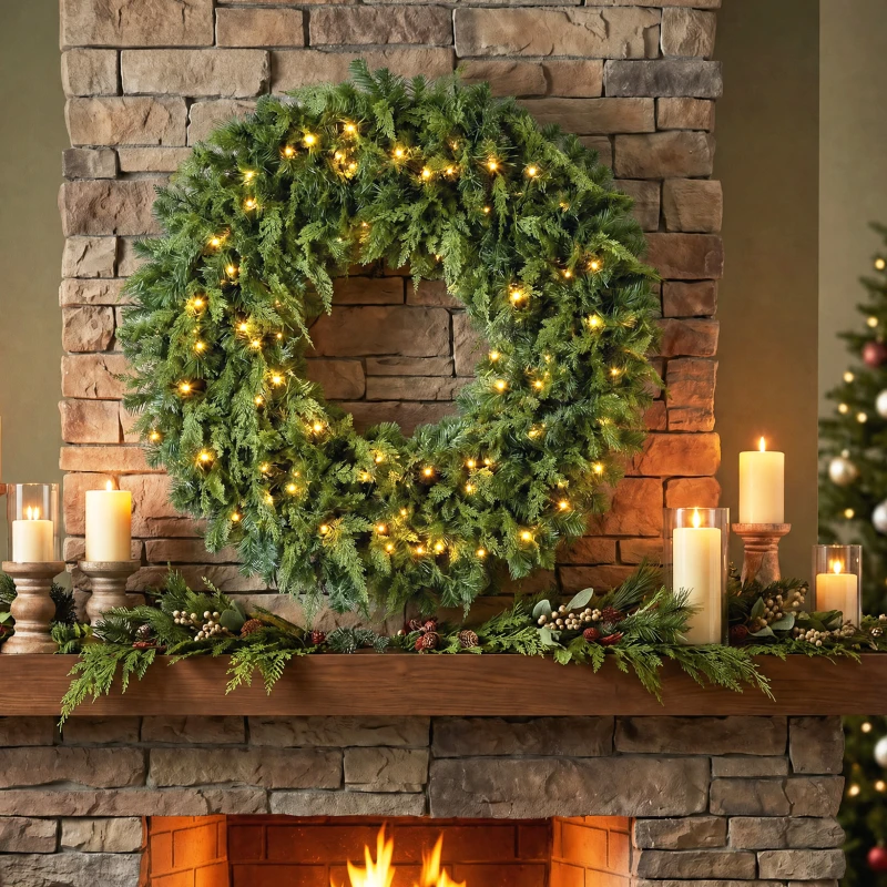 HOMCOM 48" Prelit Crestwood Spruce Artificial Christmas Wreath, Christmas Decor with Bow, LEDs, 8 Modes, Realistic Tips