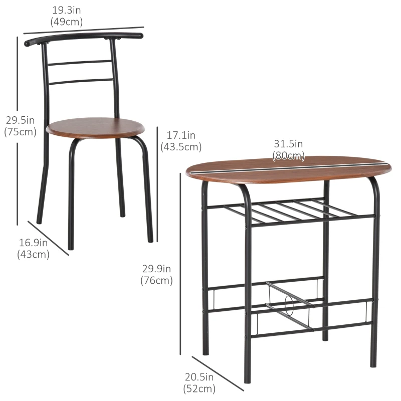 HOMCOM Dining Table Set of 3, 31.5" Kitchen Table and Chairs Set for 2 with Shelf, for Small Space, Dining Room, Living Room