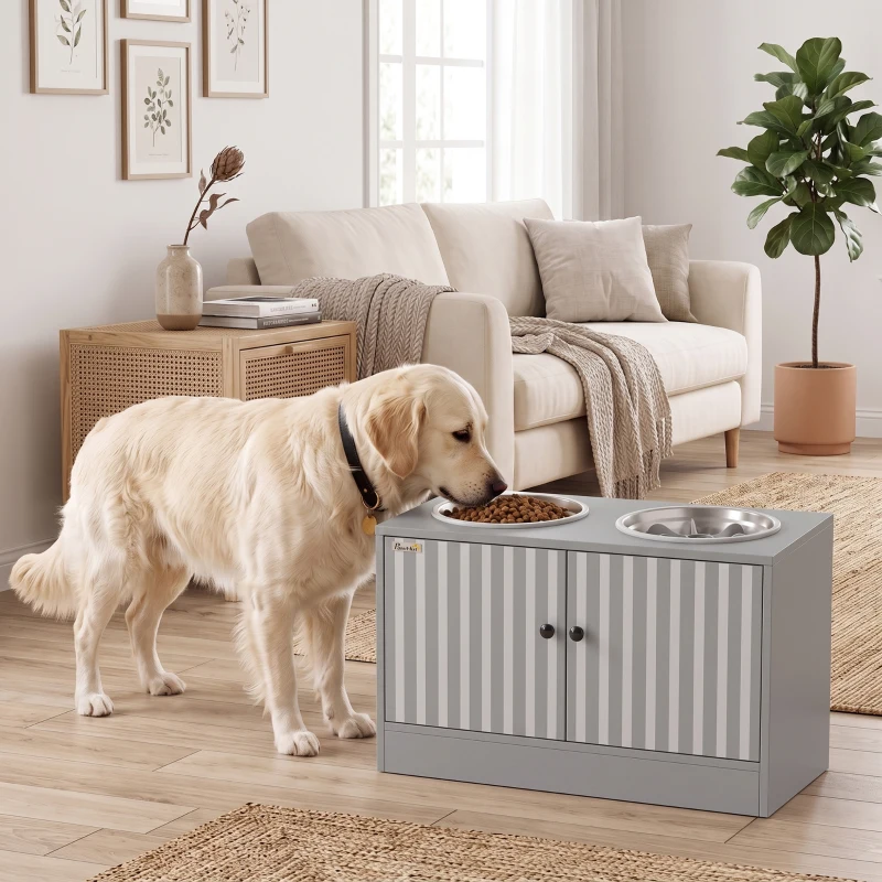 PawHut Elevated Dog Bowls with Storage Cabinet,  2 Stainless Steel Bowls, Slow Feeder, Dog Feeding Station for Large Dogs, Gray