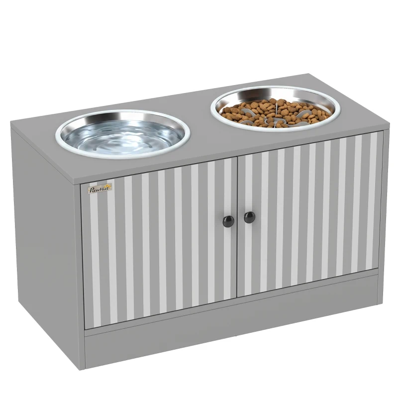 PawHut Elevated Dog Bowls with Storage Cabinet,  2 Stainless Steel Bowls, Slow Feeder, Dog Feeding Station for Large Dogs, Gray