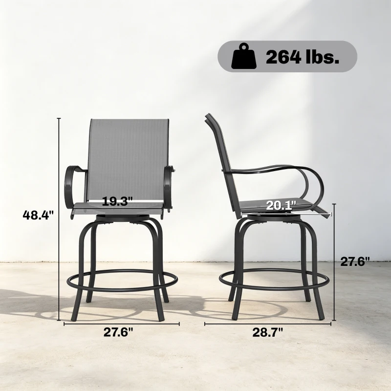 Outsunny Outdoor Bar Stools Set of 2, 360° Swivel Bar Height Chairs, 26.75" x 29.5" x 48.5", Gray
