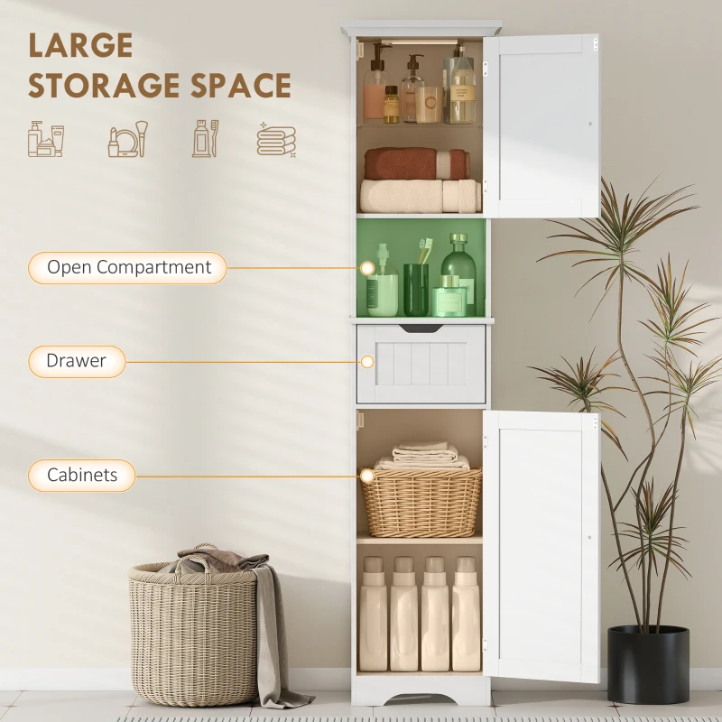 HOMCOM 67" Tall Bathroom Storage Cabinet, Narrow Bathroom Cabinet with LED Light, Adjustable Shelf, Open Compartment, Drawer