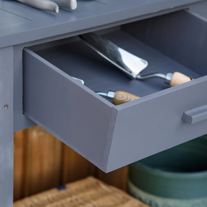 Outsunny Potting Bench Table, Garden Work Bench, Outdoor Wooden Workstation with Tiers of Shelves and Drawer, Grey