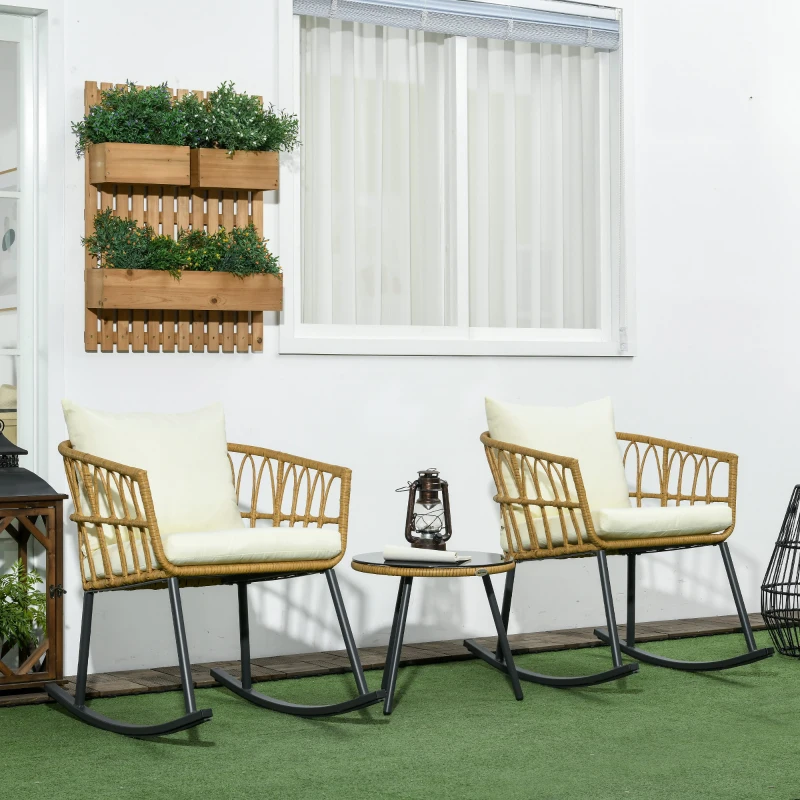 Outsunny Wicker Outdoor Rocking Chair Set, 3 Piece Patio Bistro Set with 2 Porch Rocker Chairs, Glass Top Coffee Table and Cushions, Patio Conversation Set for Balcony, Backyard, Cream White