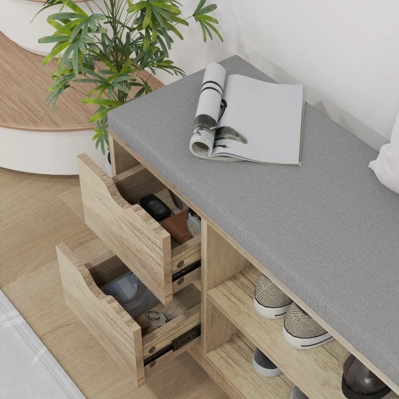 HOMCOM Upholstered Shoe Storage Bench w/ Seat, Entrance Bench w/ Drawer Open Shelves and Pocket for Hallway, Grey