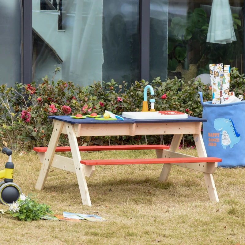 Outsunny Sand & Water Table with Sandbox, Outdoor  with Kitchen Toys, Kids Picnic Table and Bench Set Water Circulation Faucet and Vegetable Accessories
