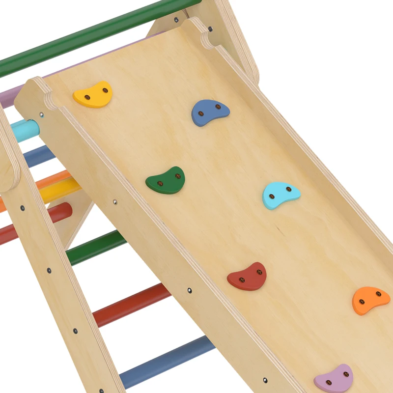 Qaba Pikler Triangle Set, 3 in 1 Climbing Toys with Ramp for Toddlers, Nature Wood