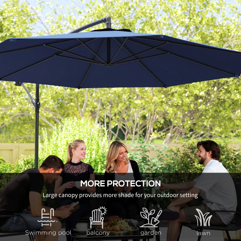 Outsunny 9.7ft Offset Patio UmbrellaCantilever Parasol with Crank Handle, 8 Ribs and Cross Base for Outdoor, Sun Shade, Blue