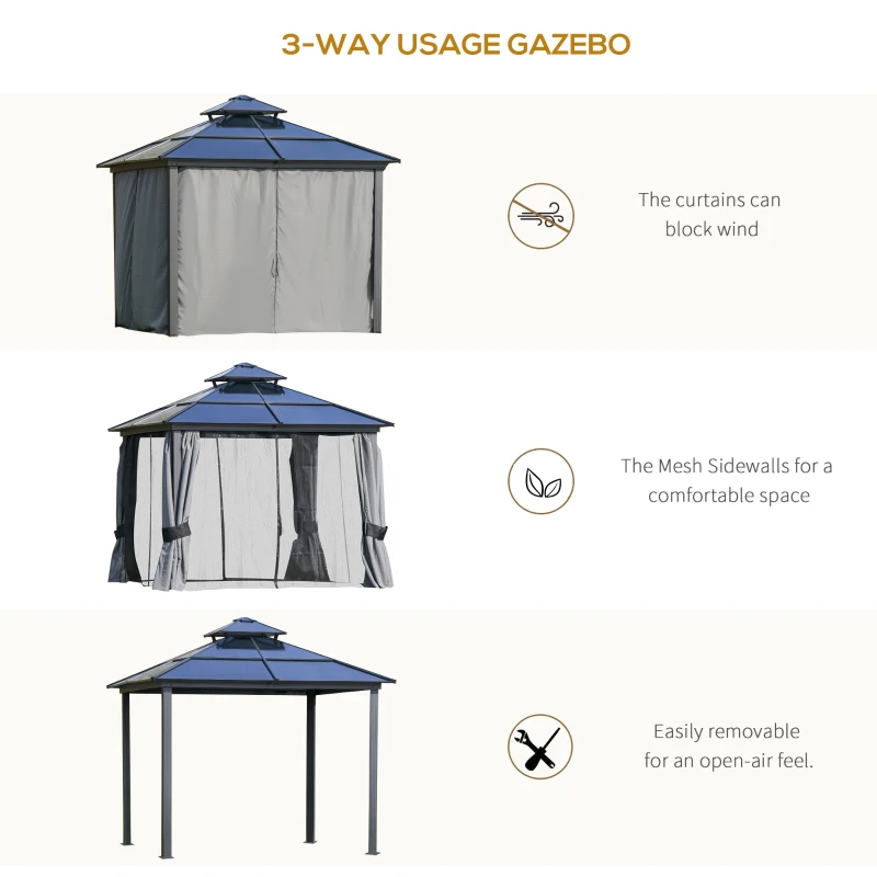 Outsunny 10'x10' Hardtop Patio Gazebo Aluminum Gazebo Deck Canopy with Double Tier Roof, Curtains, Netting Sidewalls, Black & Grey