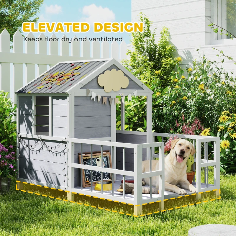 PawHut Outdoor Dog House, 61"L Wooden Dog House with Porch, Weatherproof Roof, Elevated Base, Air Vents & Observation Windows