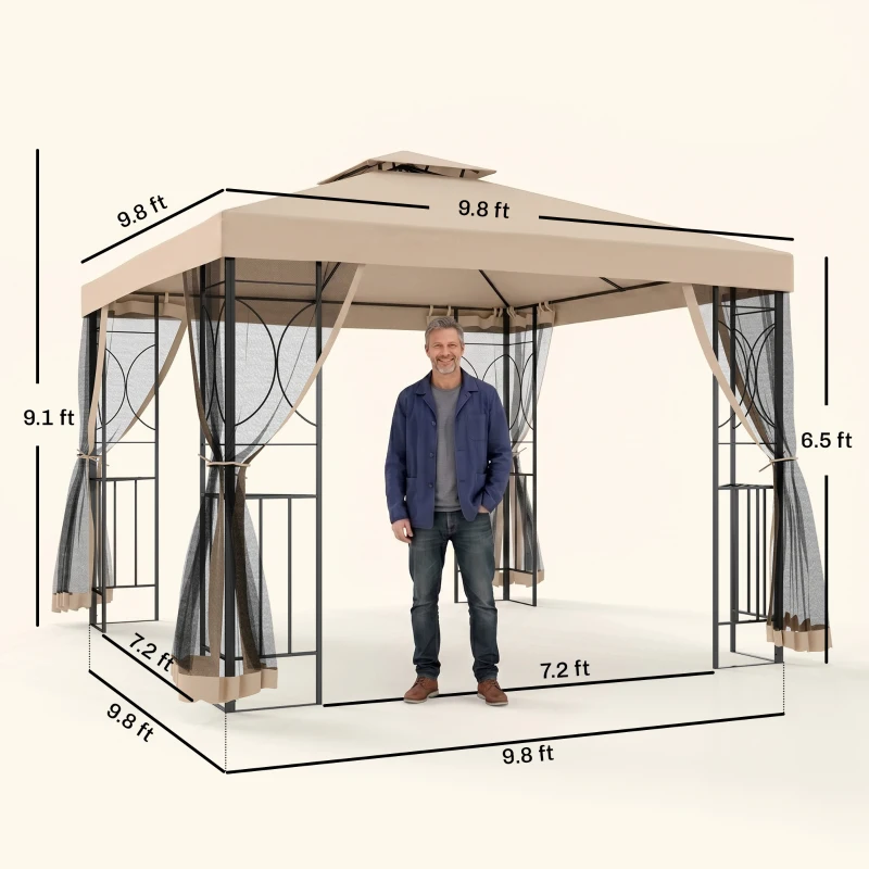 Outsunny 10' x 10' Patio Gazebo with Corner Shelves, Outdoor Gazebo Canopy Shelter with Netting, and Vented Roof, for Garden, Lawn, Backyard and Deck