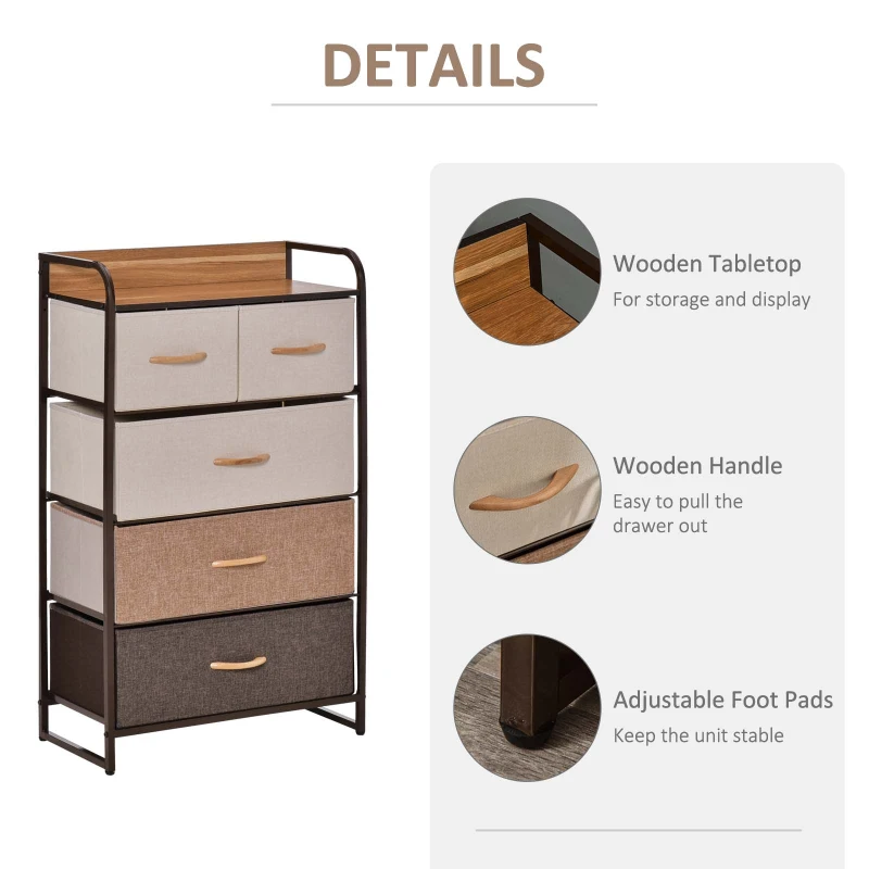 HOMCOM 5-Drawer Fabric Dresser Tower, 4-Tier Storage Organizer with Steel Frame for Hallway, Bedroom, and Closet, Maple Wood