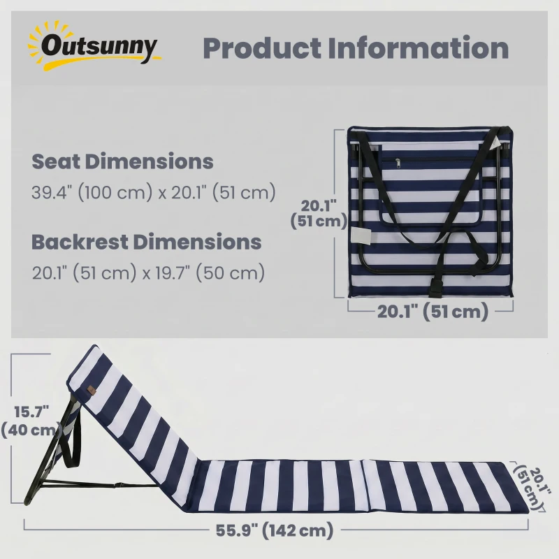 Outsunny Set of 2 Foldable Lounge Chairs with Carry Strap, Adjustable Backrest, Blue and White