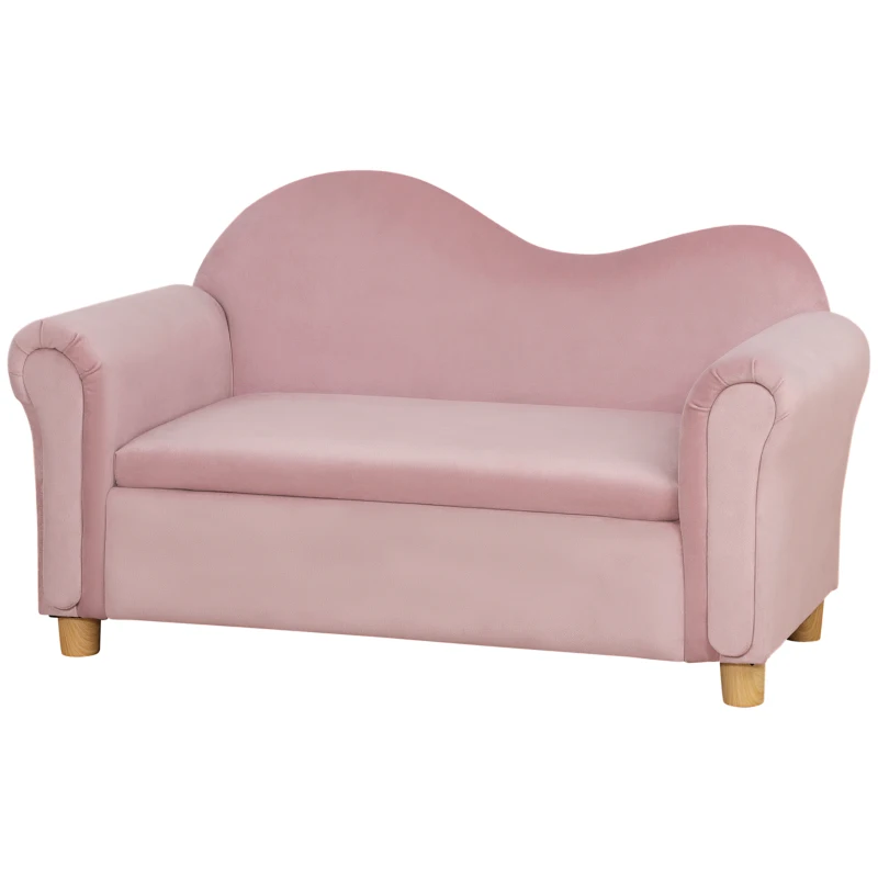 Qaba Ergonomic Foam Kids Sofa with Inner Toy Storage Chest, Velvet Kids Couch with Soft Arms, Children's Lounge Furniture, Pink