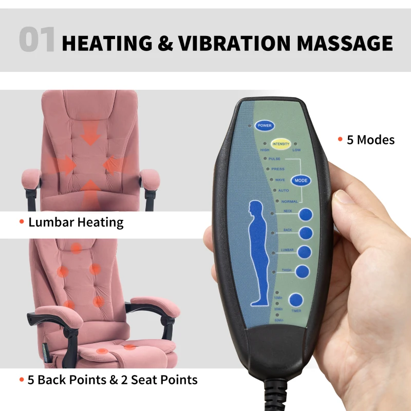 Vinsetto 7-Point Vibrating Massage Chair, Reclining Office Chair with Footrest, Reclining Back, Adjustable Height, Pink