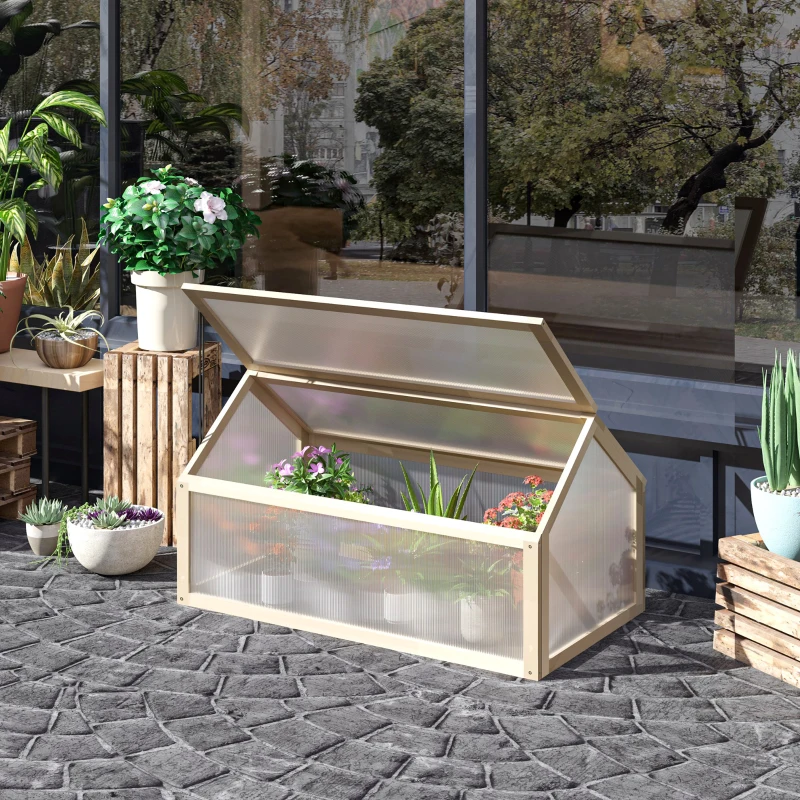 Outsunny Wooden Cold Frame Greenhouse Garden Portable Raised Planter with Openable Top for Indoor, Outdoor, Flowers, Vegetables, Plants, 35.5" x 20.5" x 19.5", Natural Wood