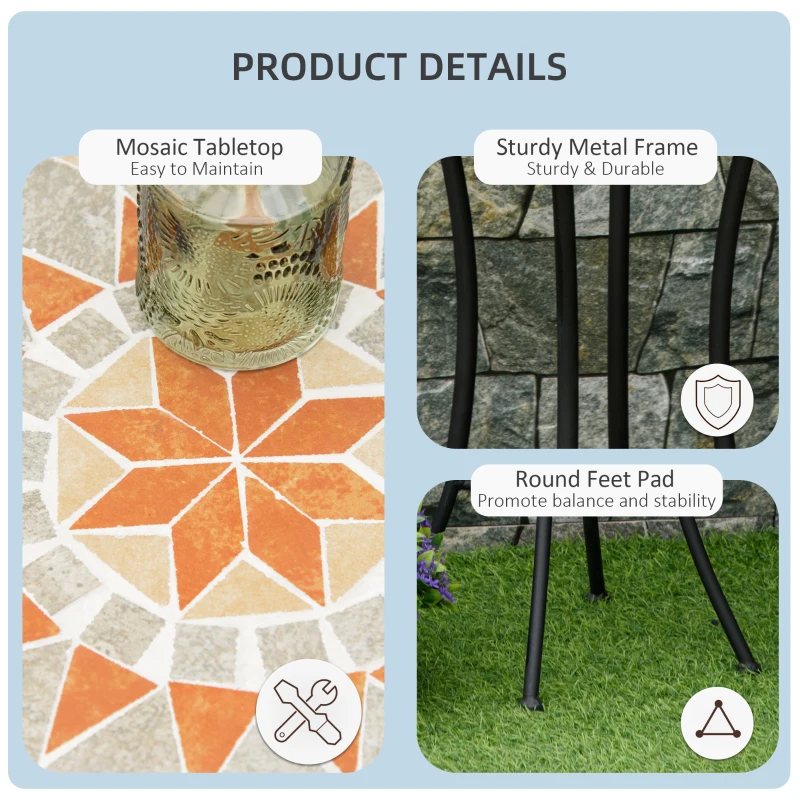 Outsunny Mosaic Patio Table, Round Coffee Table with Metal Frame, Garden Furniture for Outdoor, Poolside, Yellow & Grey