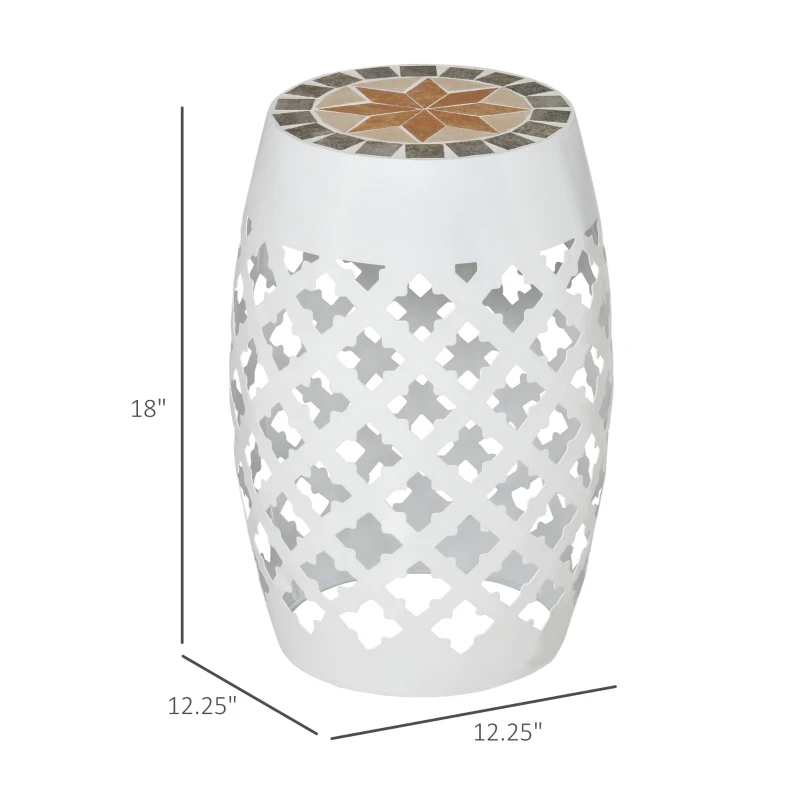 Outsunny Decorative Outdoor Stool, 12" Round Patio Side Table, Mosaic Accent Plant Stand for Garden, Balcony, White