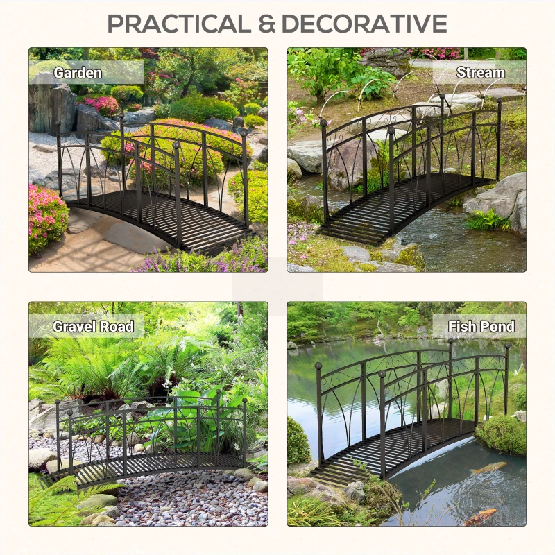 Outsunny 8' Metal Arch Garden Bridge Arc Footbridge with Guardrails and Decorative Scrollwork, Black