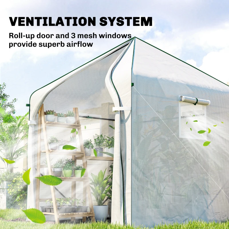 Outsunny Walk-in Greenhouse, 63" x 63" x 78.7", Roll-Up Door, 3 Mesh Windows, PE Cover, Steel Frame, White