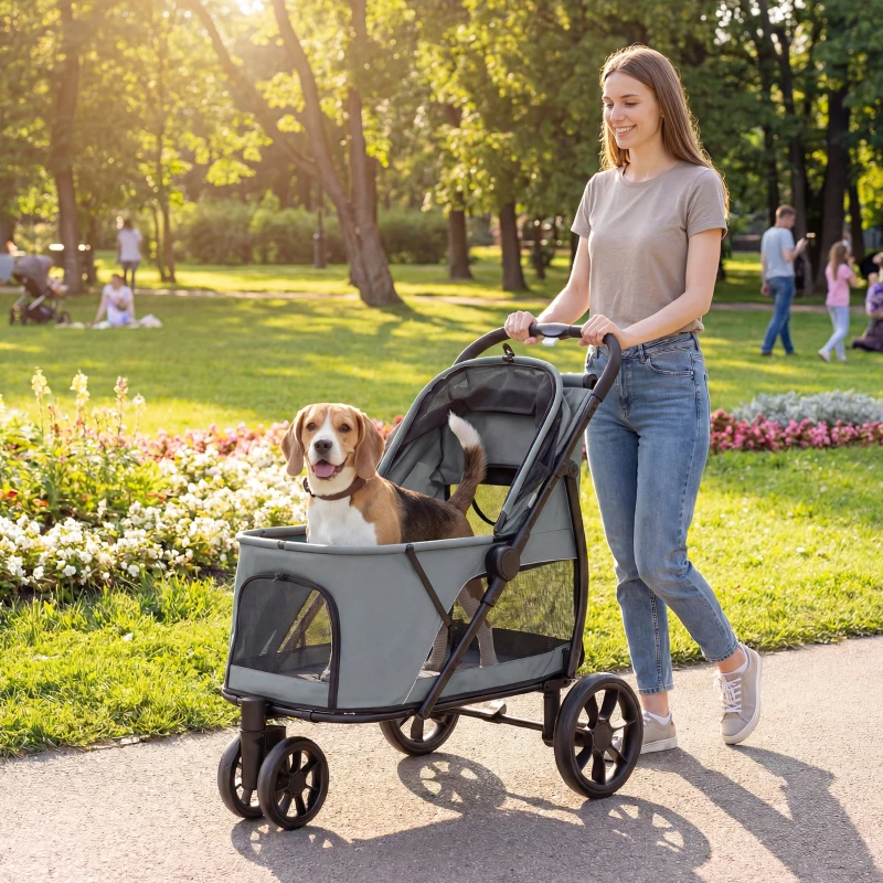 PawHut 3 Wheel Pet Stroller with Easy One-Click Quick Fold, Mesh Window, Washable Cushion, for Medium Dogs, Gray