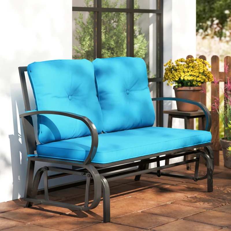 Outsunny 2-Person Outdoor Glider Chair, Patio Double Rocking Loveseat with Steel Frame and Cushions for Backyard, Garden and Porch, Blue