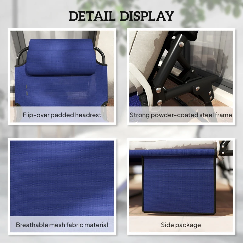 Outsunny Folding Chaise Lounge Pool Chair with 4-level Reclining Back, Cushion, Side Pocket, Headrest, Navy Blue