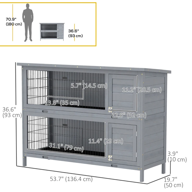 PawHut 2 Tier Wooden Rabbit Hutch Bunny Pet House Wooden Coop Run, Grey