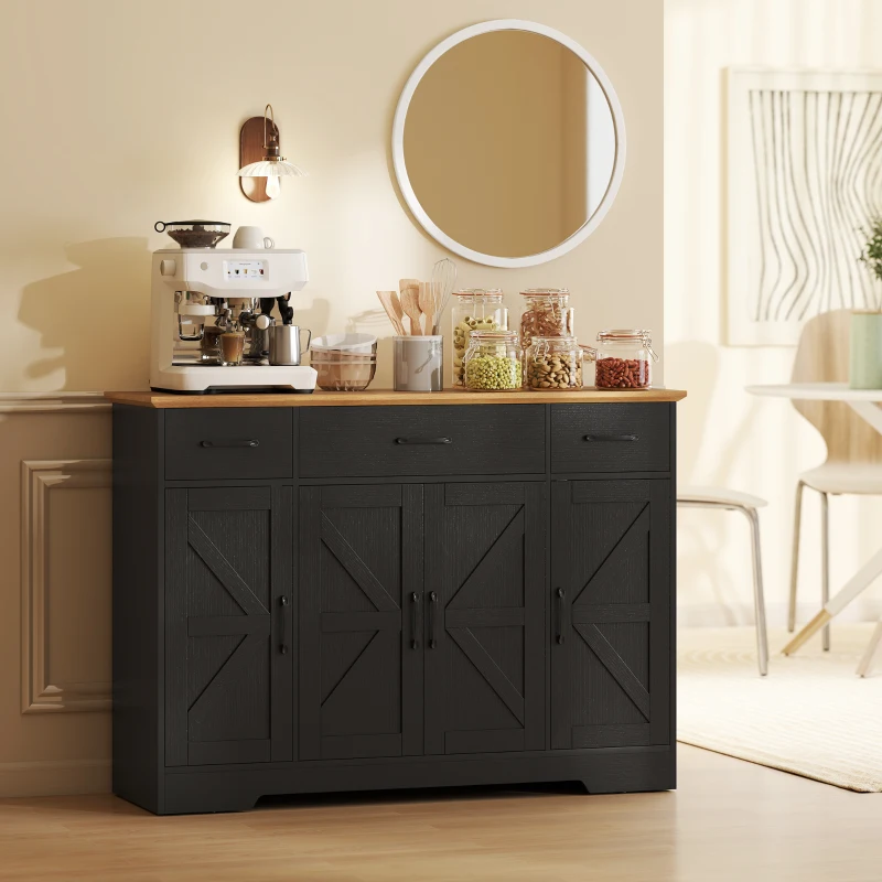 HOMCOM 47" Buffet Cabinet with Soft-Close Hinges, Farmhouse Sideboard with 3 Drawers, Adjustable Shelves and Spice Racks, Black