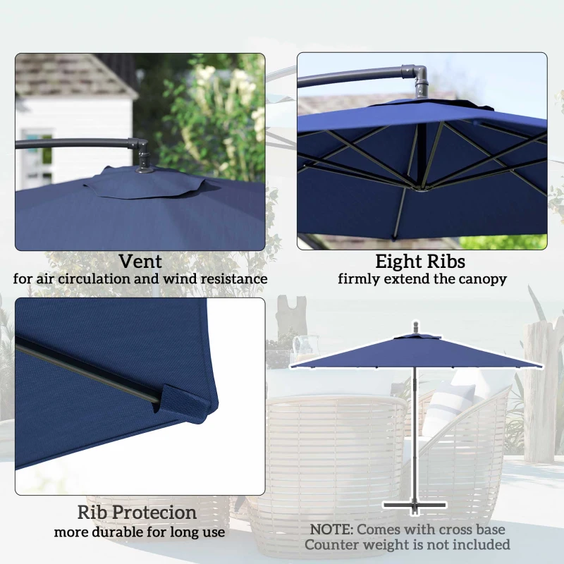 Outsunny 9.7ft Offset Patio UmbrellaCantilever Parasol with Crank Handle, 8 Ribs and Cross Base for Outdoor, Sun Shade, Blue