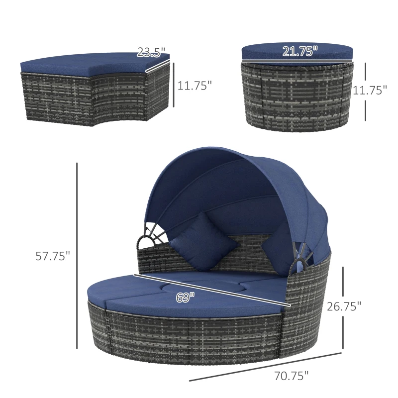 Outsunny 4-piece Cushioned Outdoor Rattan Wicker Sunbed or Conversational Sofa Set with Sun Canopy, Dark Blue