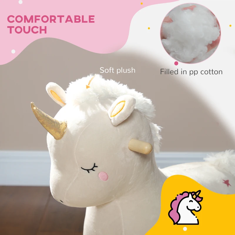 Qaba Kids Rocking Horse, Ride on Unicorn with Realistic Sounds & Wooden Base for Years 2-4, White