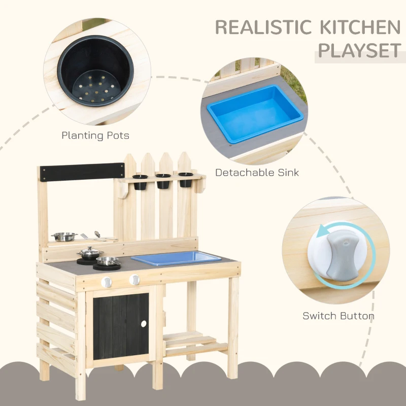 Outsunny Outdoor Kitchen Play Set with Frying Pan, Pretend Play Mud Kitchen for Kids with Removable Sink, Wooden Kitchen Set for Ages 3-7, with Planting Pots, Shelf, Cabinets