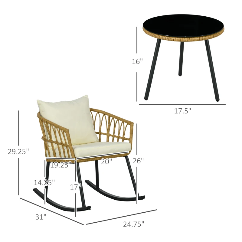 Outsunny Wicker Outdoor Rocking Chair Set, 3 Piece Patio Bistro Set with 2 Porch Rocker Chairs, Glass Top Coffee Table and Cushions, Patio Conversation Set for Balcony, Backyard, Cream White